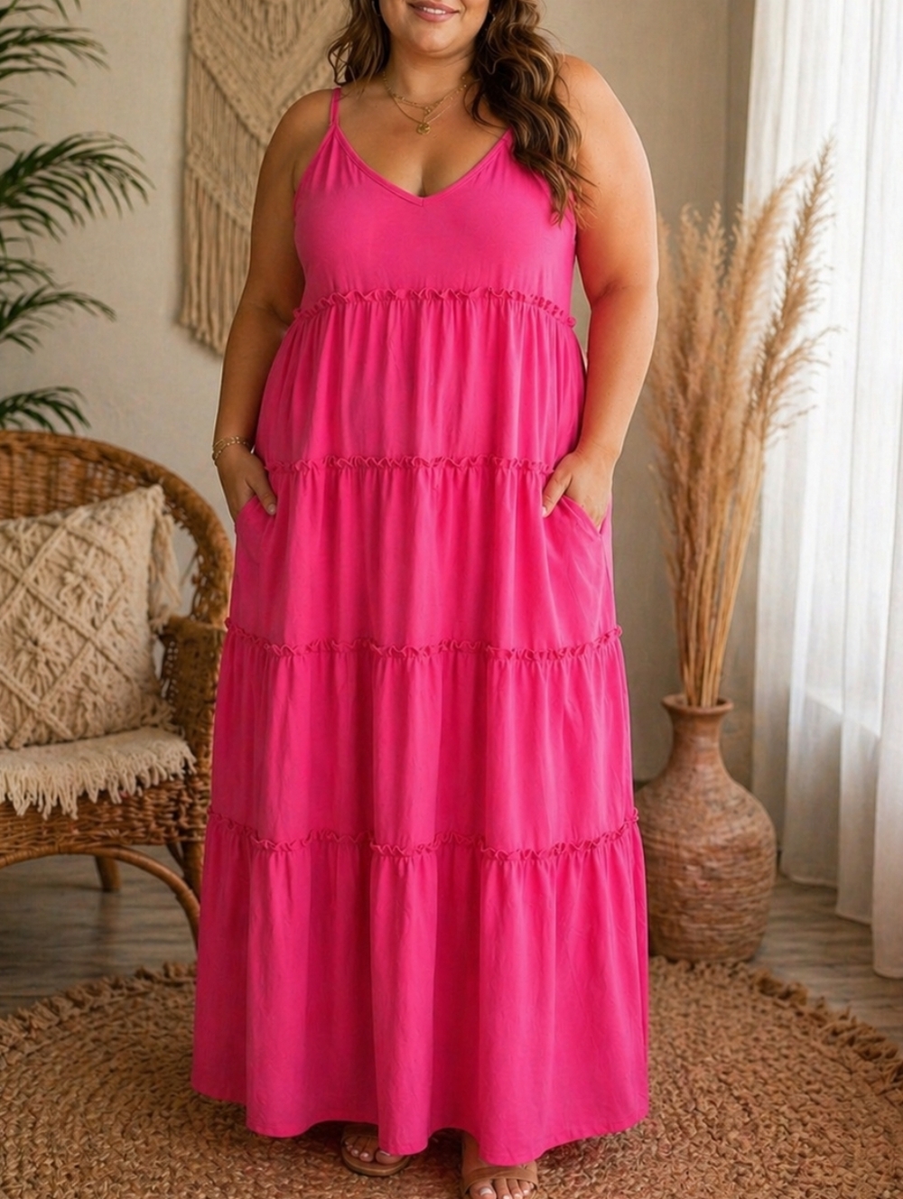 Zenana Hot Pink Tiered Maxi Dress Boho Flowy Sleeveless Spaghetti Strap Summer
